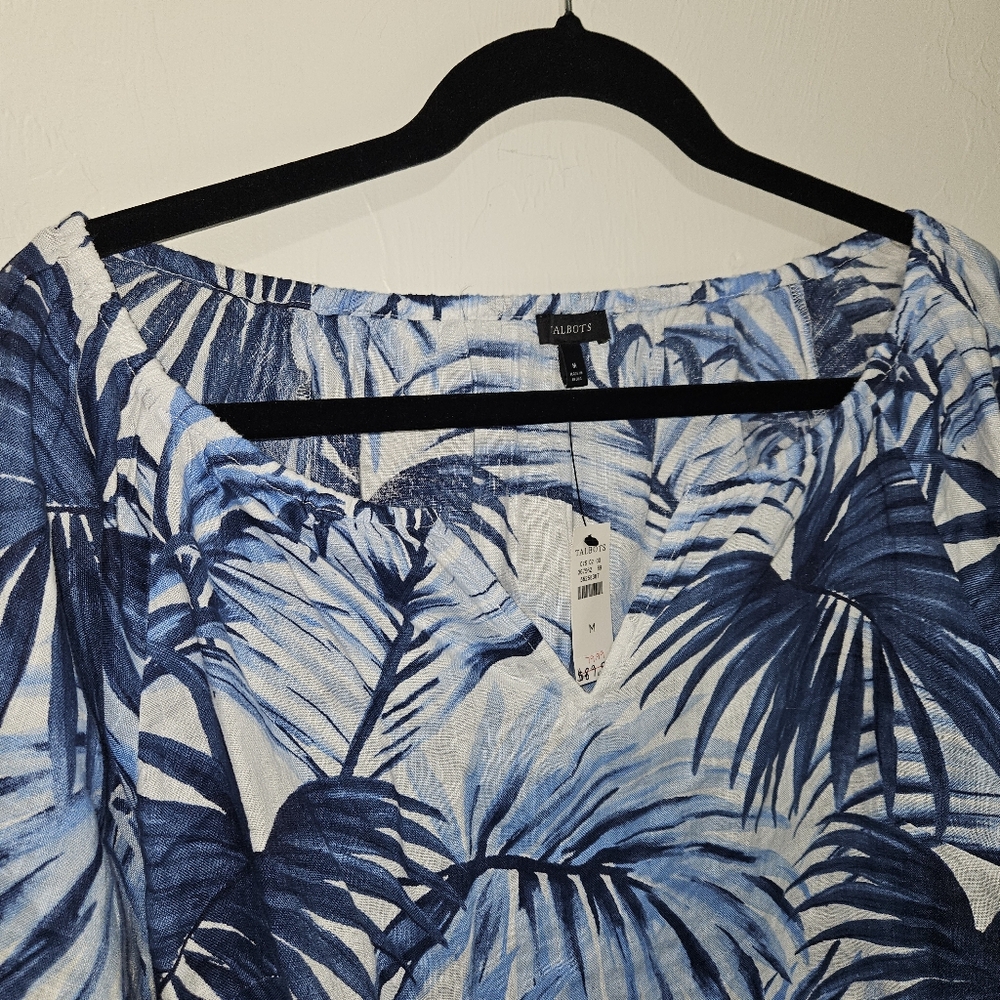 NWT! Talbots Linen Blouse Tropical Print Blue Womens Size Medium NEW - Picture 7 of 14